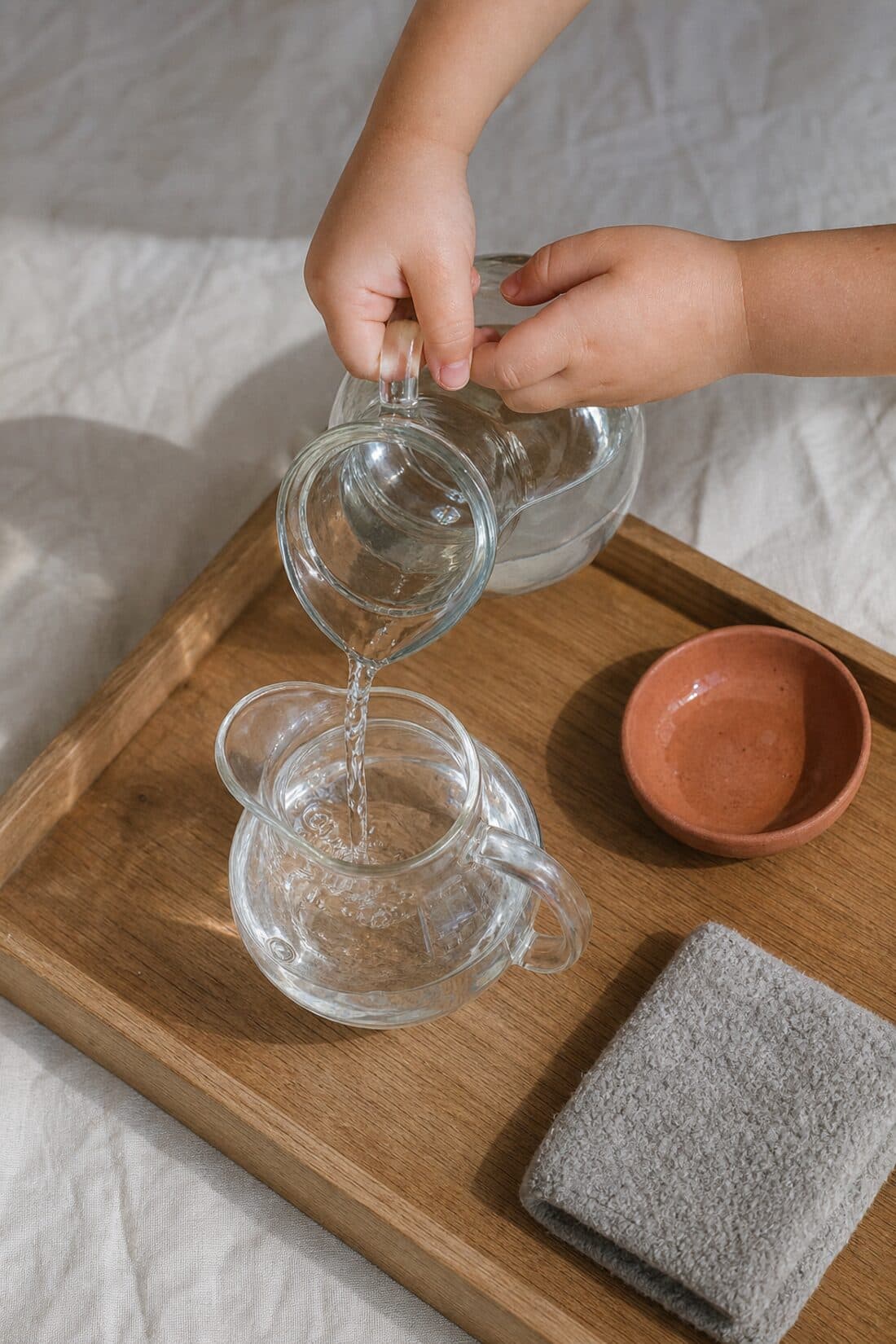 A child's hands pouring water from one glass jug into another on a wooden tray
