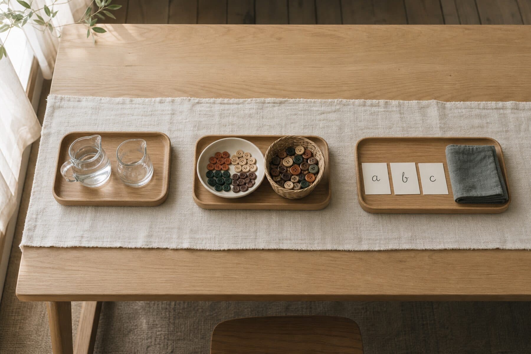 Three prepared Montessori trays in a row on a long wooden table: two glass jugs, buttons sorted into dishes, and letter cards beside a folded cloth
