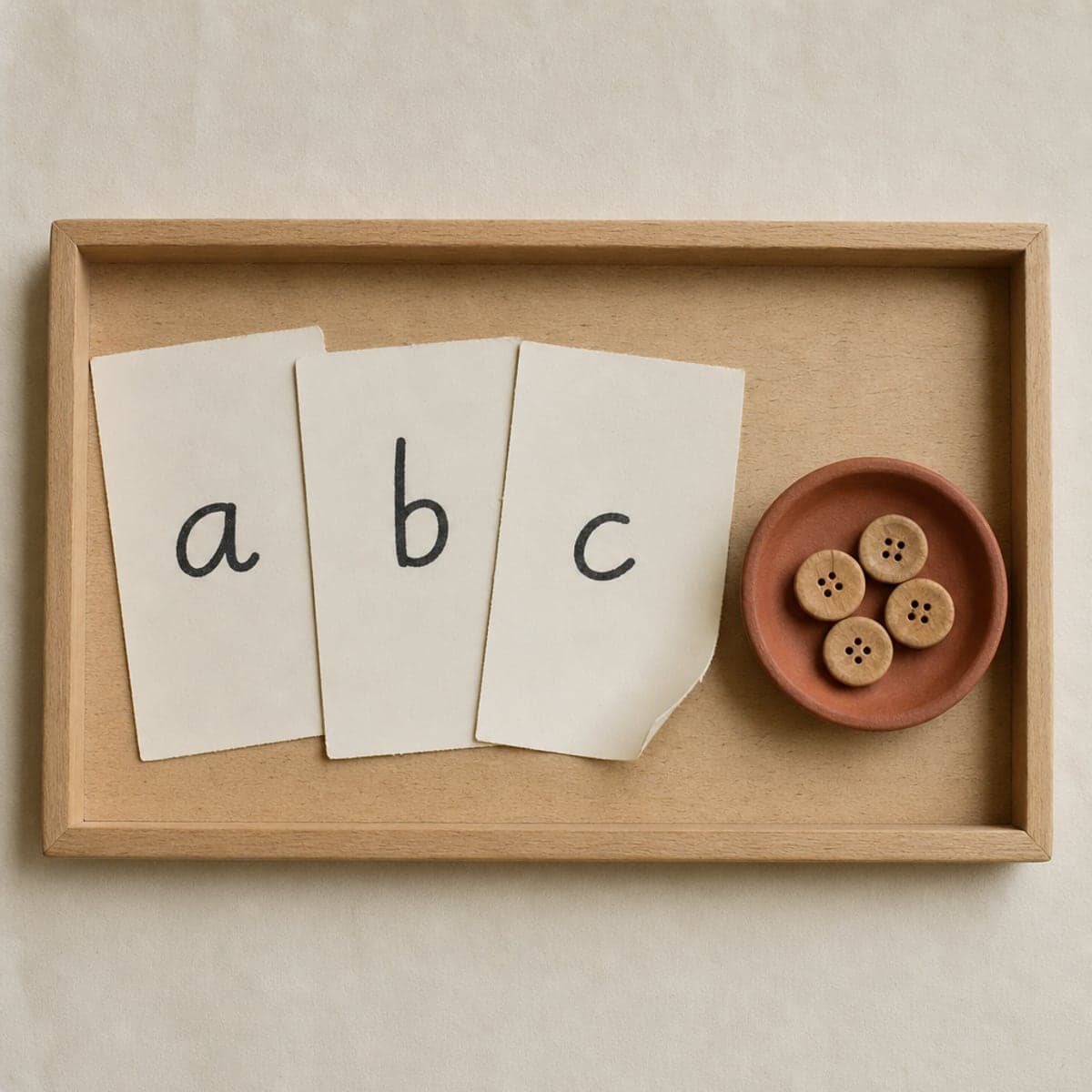 Three paper cards with single handwritten letters beside a dish of wooden buttons